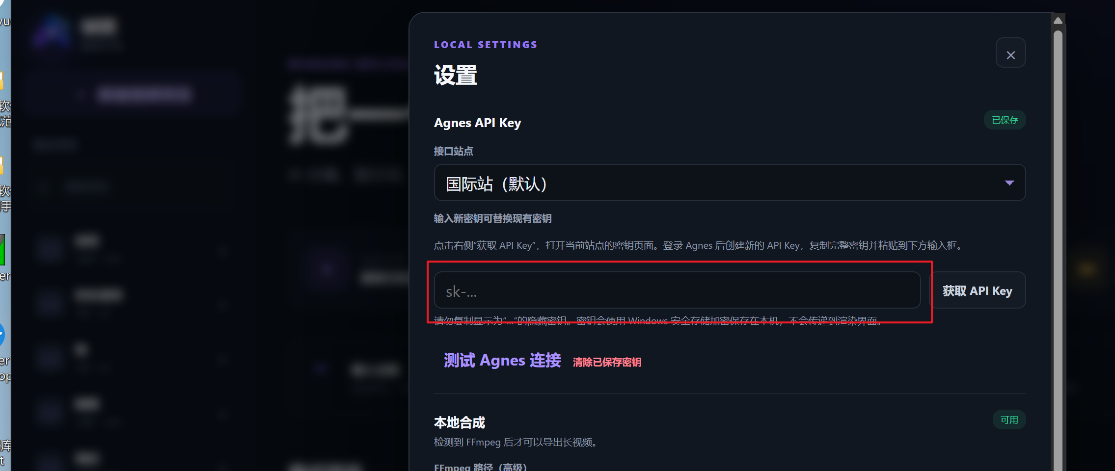 帧栖视频工坊设置中 Agnes API Key 输入框和测试连接入口